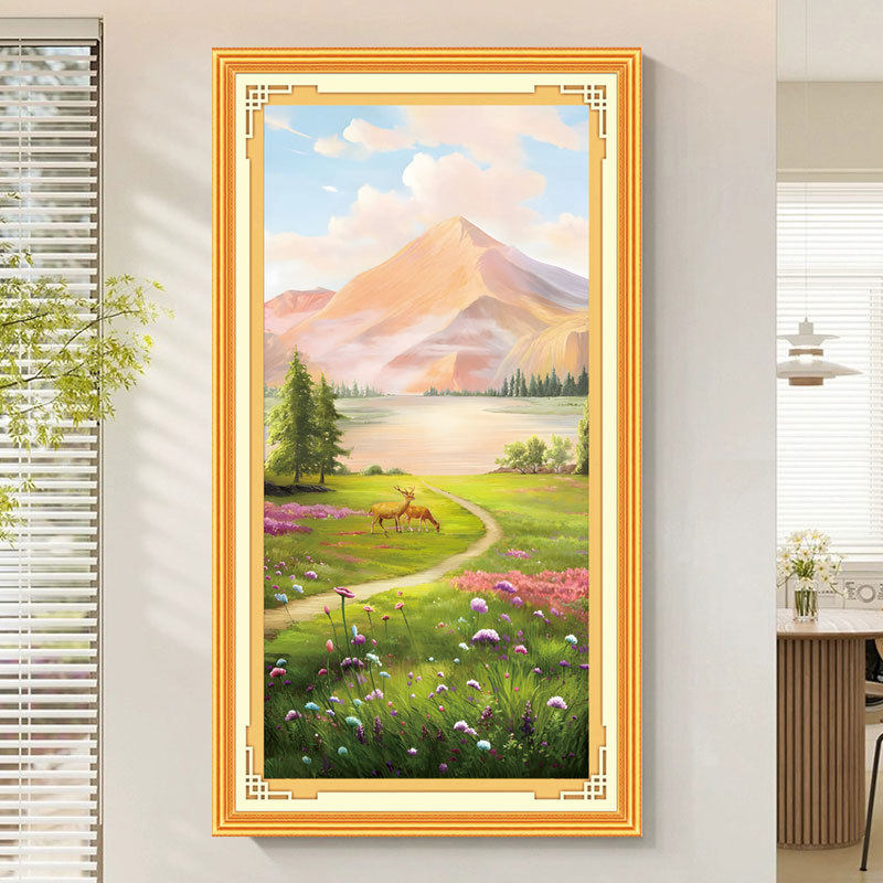 KS色系新款客厅玄关风景挂画简约现代福禄生财麋鹿背靠金山十字绣