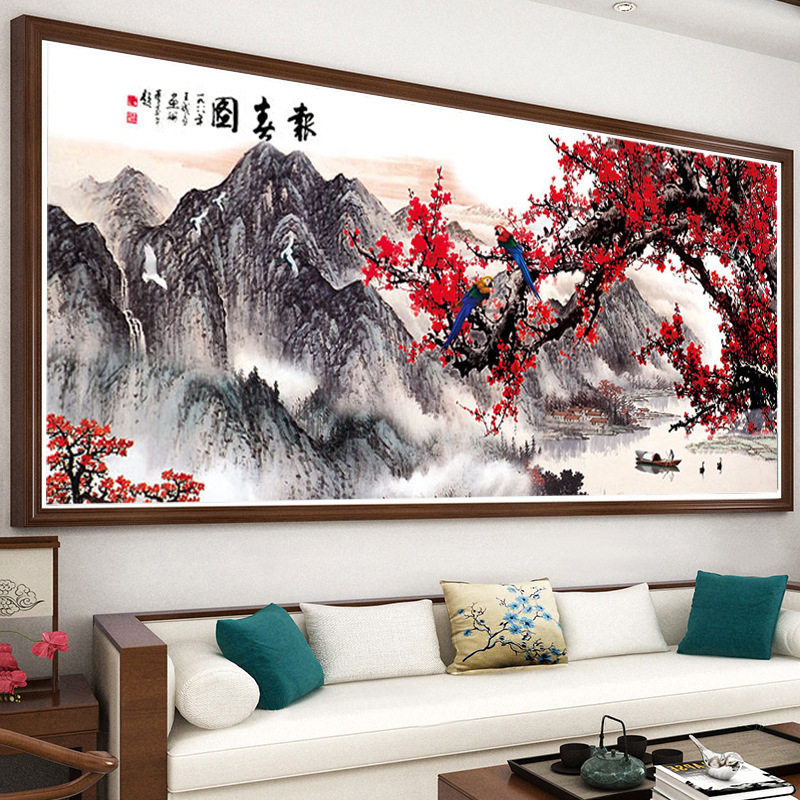 KS色系新款客厅书房大幅水墨风景红梅报春图满绣棉丝线印花十字绣