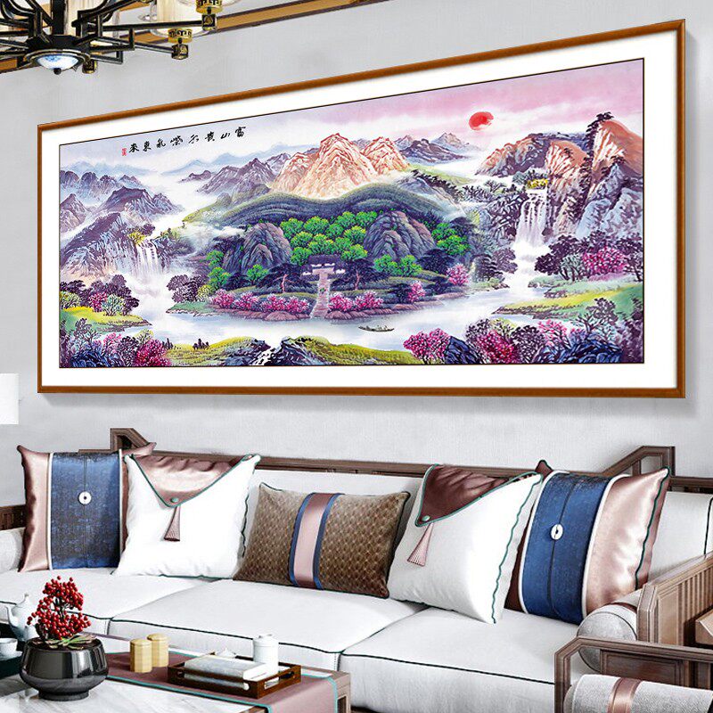 KS色系新款客厅大幅风景画紫气东来流水生财聚宝盆满绣印花十字绣