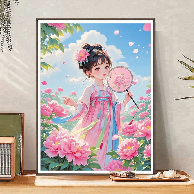 KS色系新款客厅卧室小幅卡通人物古风插画花神简单满绣印花十字绣