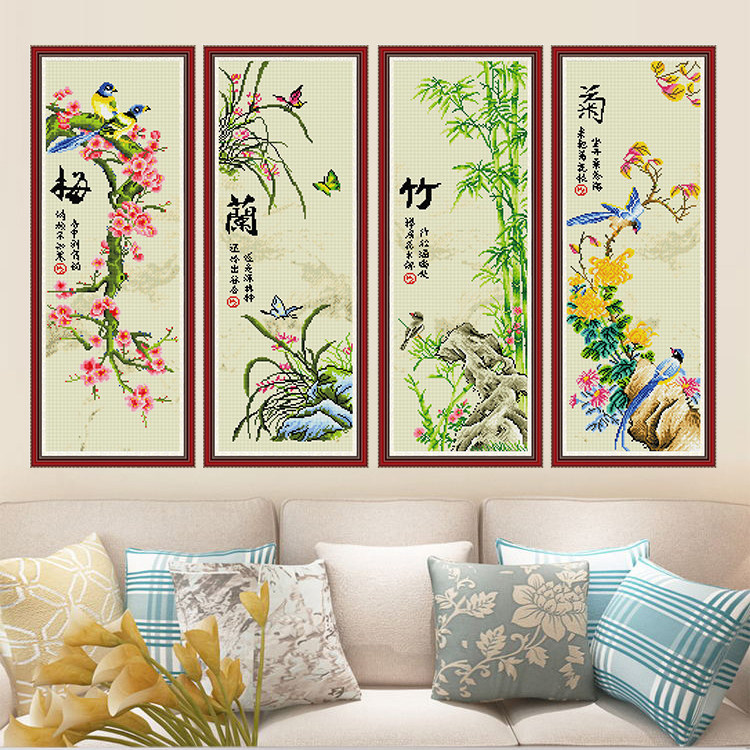 KS色系新款梅兰竹菊竖版花卉贴钻石四联画客厅书房玄关全满点砖绣