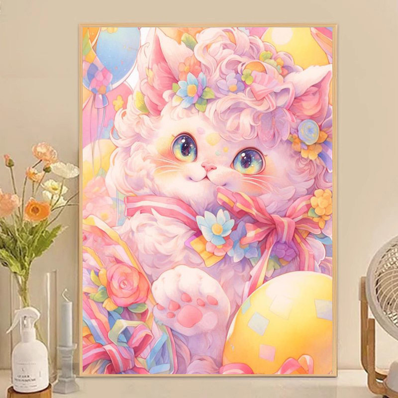 KS色系新款客厅卧室可爱卡通动物炫彩猫咪小幅手工满绣印花十字绣