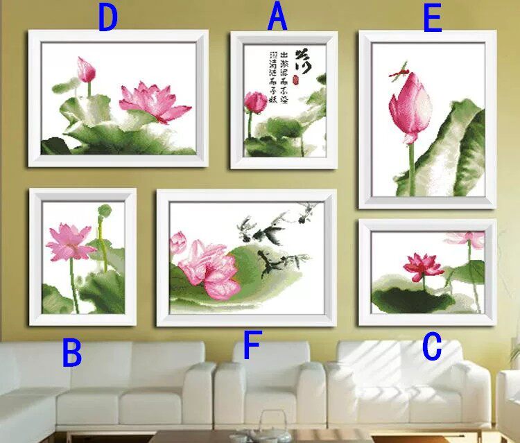 ks色系纯手工十字绣成品出售水墨荷花新款客厅六联画照片墙现货