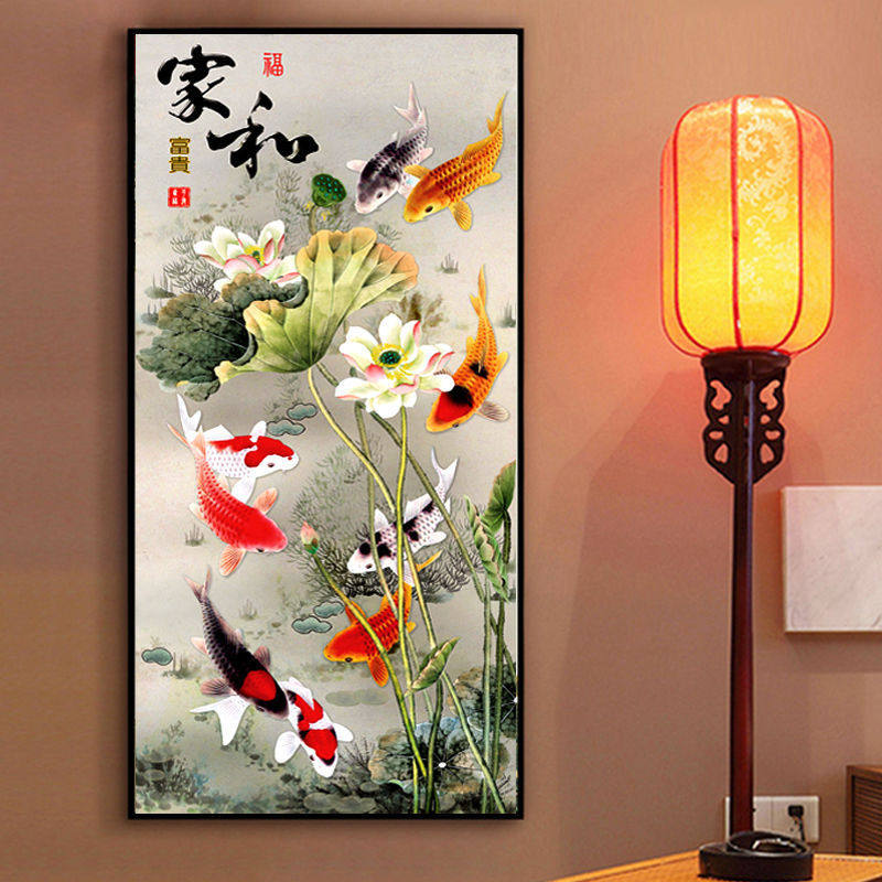 KS色系新款客厅玄关竖版家和富贵九鱼荷花图手工点钻绣满贴钻石画