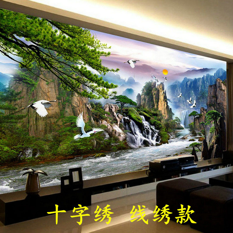 ks风景画迎客松流水生财十字绣