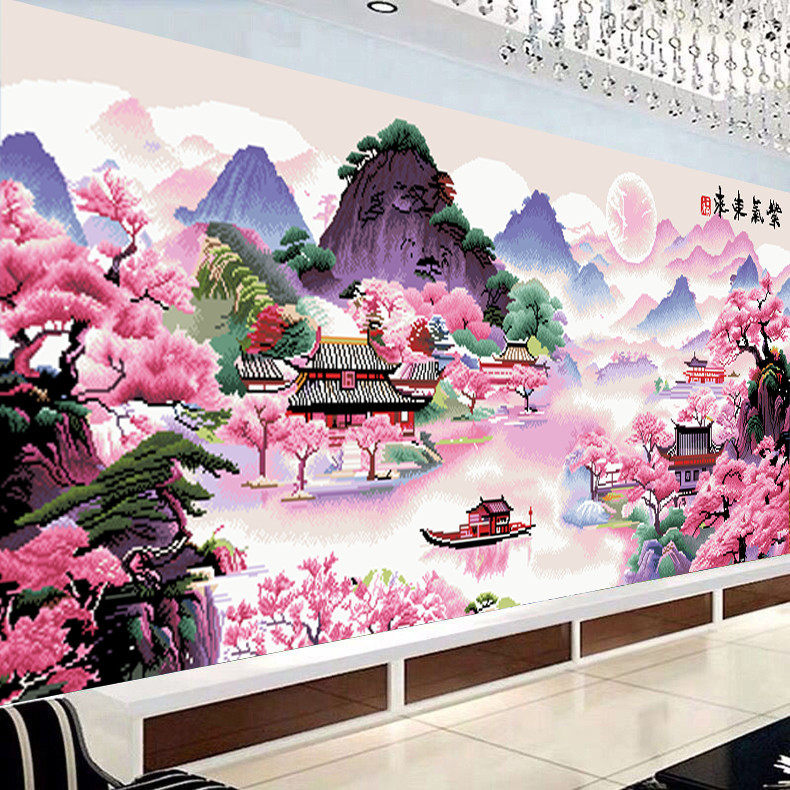 KS色系新中式高级感新款紫气东来客厅自己绣风景山水画大幅十字绣