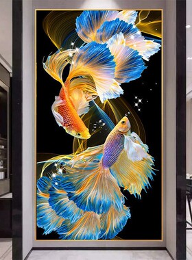 KS色系新款客厅玄关竖版现代新中式蓝色锦鲤鱼DIY手工自贴钻石画