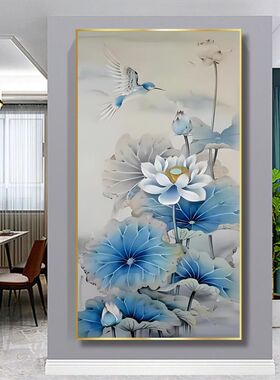 KS色系新款客厅玄关简约现代蓝色水墨风景荷花翠鸟满绣印花十字绣