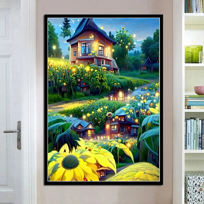 KS色系新款客厅卧室竖版梦幻森林小屋油画风景现代满绣印花十字绣
