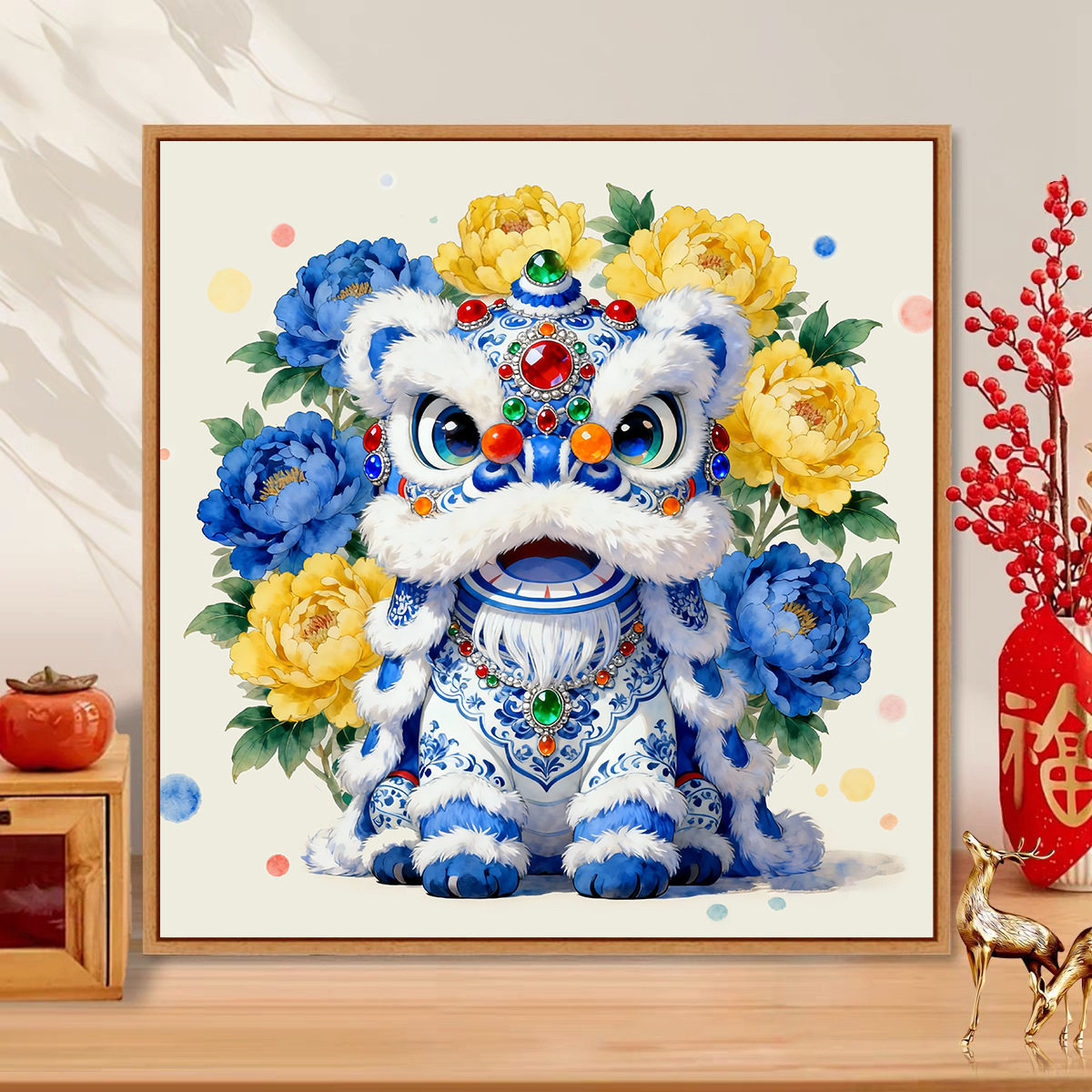 KS色系新款客厅国潮醒狮纳福瑞狮吉祥牡丹花手工刺绣印花十字绣