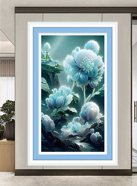 KS色系新款客厅卧室竖版唯美风景蓝色牡丹花卉现代满绣印花十字绣