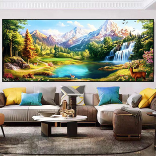 KS色系新款客厅大幅山水风景人间仙境流水生财聚宝盆满线绣十字绣