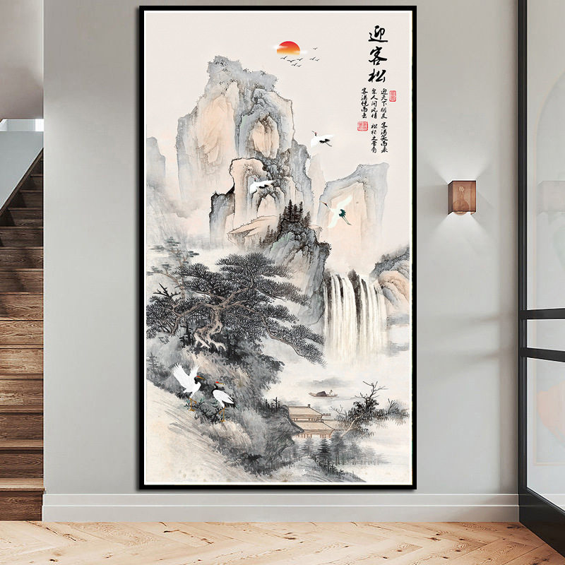 KS色系新款客厅玄关竖版水墨风景高山流水迎客松仙鹤满线绣十字绣