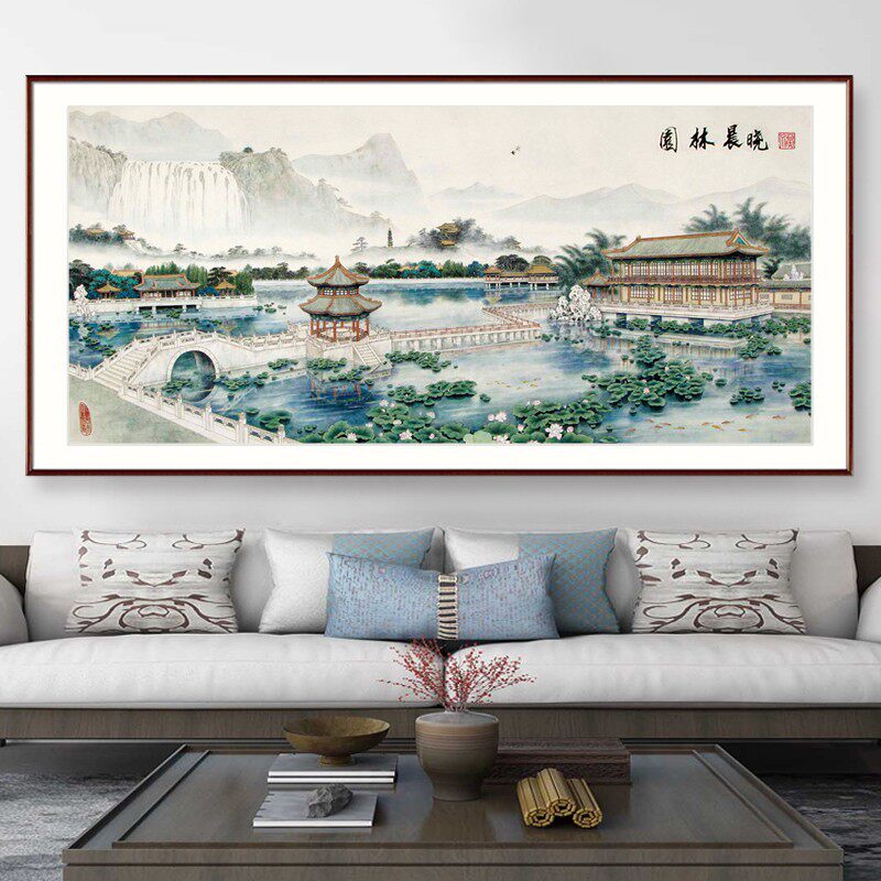 KS色系新款客厅大幅园林晨晓山水风景画2米3现代满线绣印花十字绣