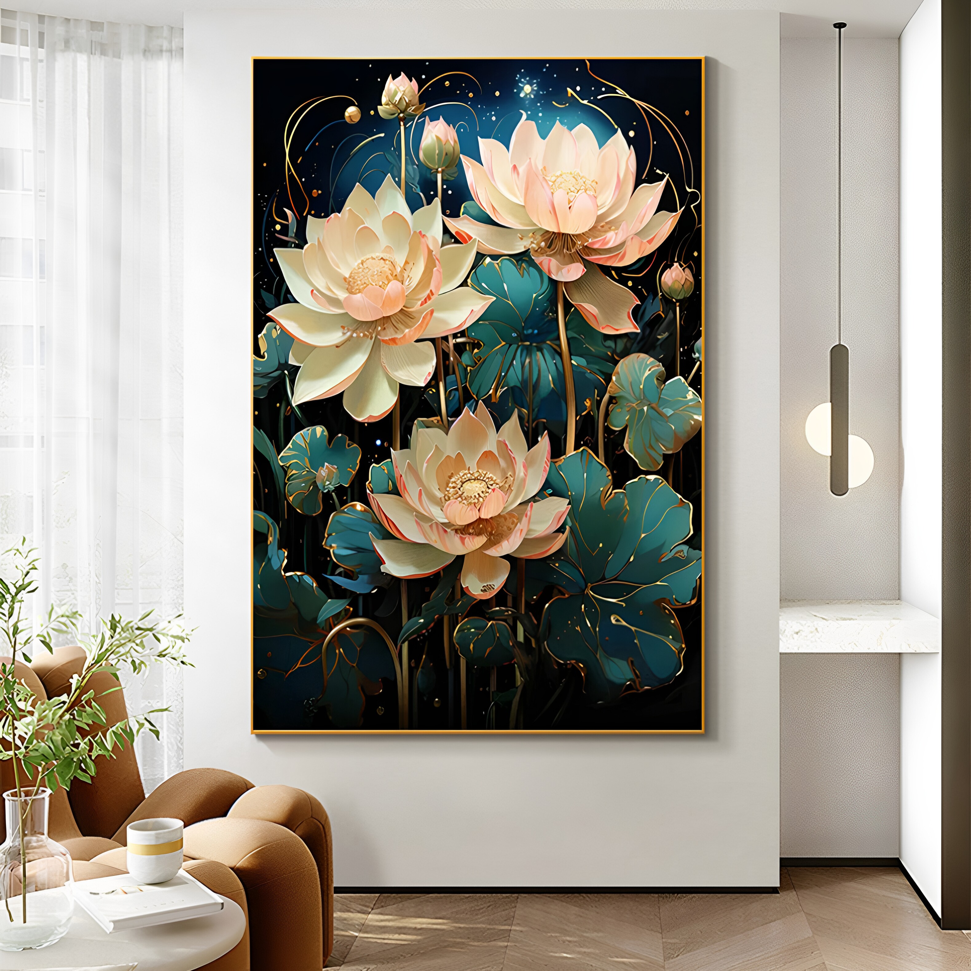 KS色系新款客厅玄关竖版风景水塘荷花满绣手工自贴画钻石画十字绣