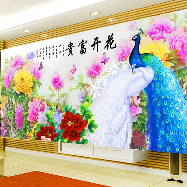 KS色系新款客厅花开富贵牡丹蓝白孔雀满绣印花手工刺绣自绣十字绣