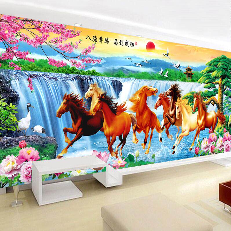 KS色系新款客厅大幅动物八骏奔腾马到成功牡丹diy手工满贴钻石画