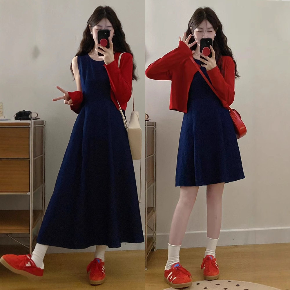 2026年夏季新款大码女装胖mm新款牛仔背心收腰连衣裙+长袖披肩