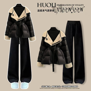 感保暖加绒连帽棉衣高腰阔腿裤 春季 新款 女2026时尚 两件套 套装