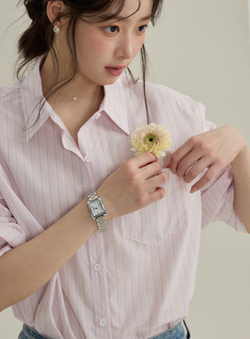 【春日信封】歌铭韩系通勤竖条纹POLO领衬衫女春季新款上衣S1051F