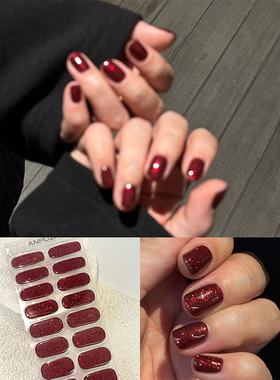ANPUZI小红书同款半烤凝胶美甲贴照灯光疗防水持久红色碎钻AN078