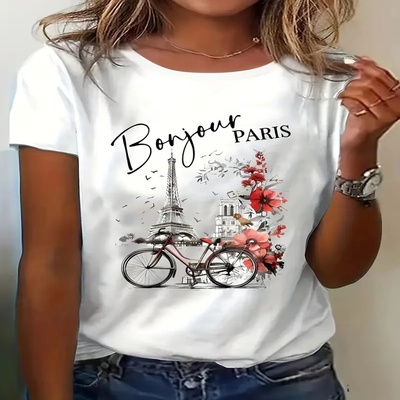 Fashion Bonjour Paris Text Print ShortSleeve Printed T Shirt