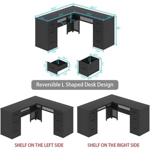 Black L Shaped Desk with File Drawers Shelves, Reversible C