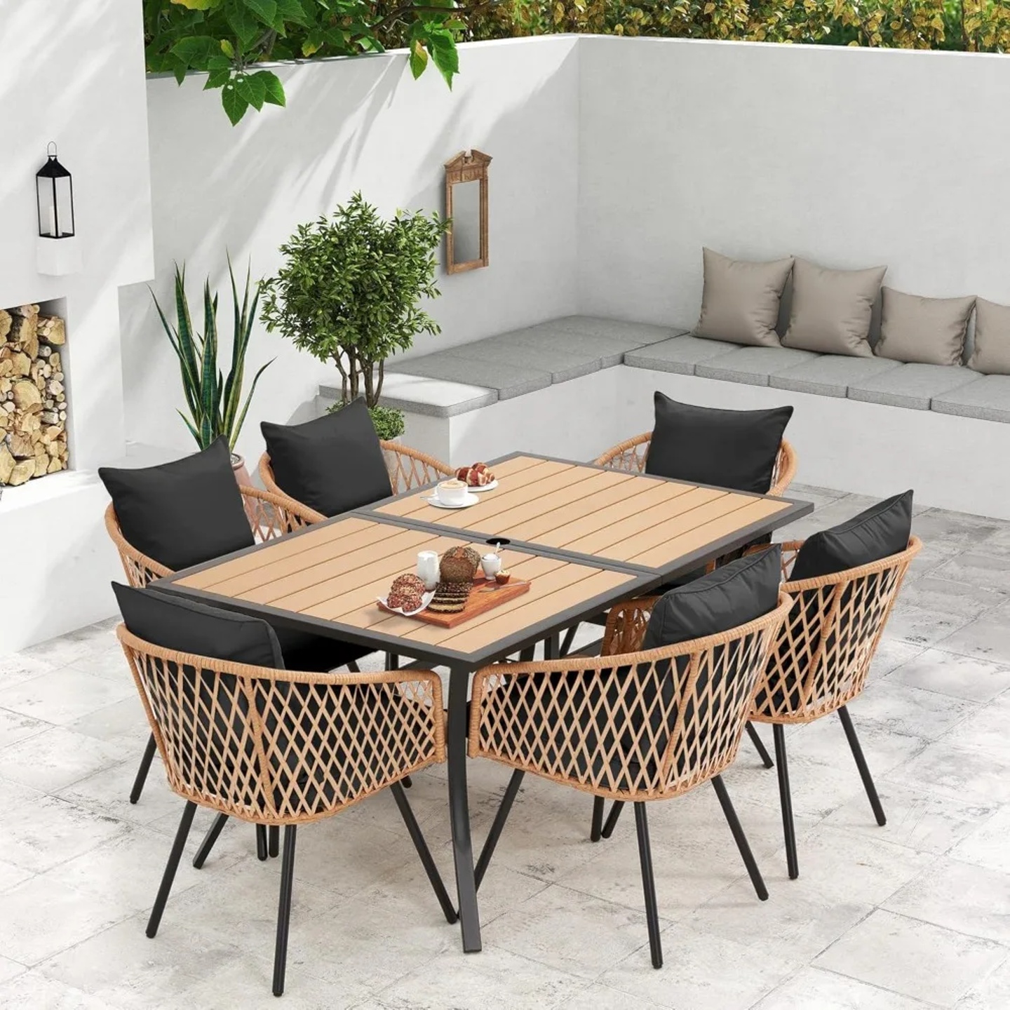 7-Piece All-Weather Rattan Patio Dining Set with 60