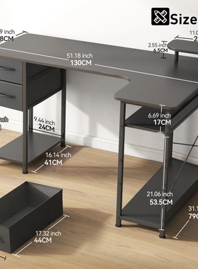 L-Shape Gaming Desk with Drawers, Carbon Fiber Computer Desk