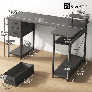L-Shape Gaming Desk with Drawers, Carbon Fiber Computer Desk