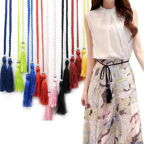 Women Braided Waist Belt Chinese Style Tassel Thin Belt Hair
