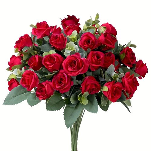 10 Heads Artificial Flower Silk Rose white Eucalyptus leave