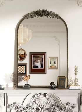 Antique Wall Mirror:Vintage Baroque Arched BrassMirror Metal