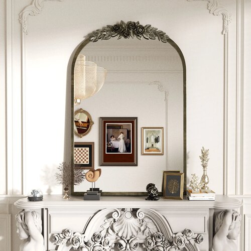 Antique Wall Mirror:Vintage Baroque Arched BrassMirror Metal