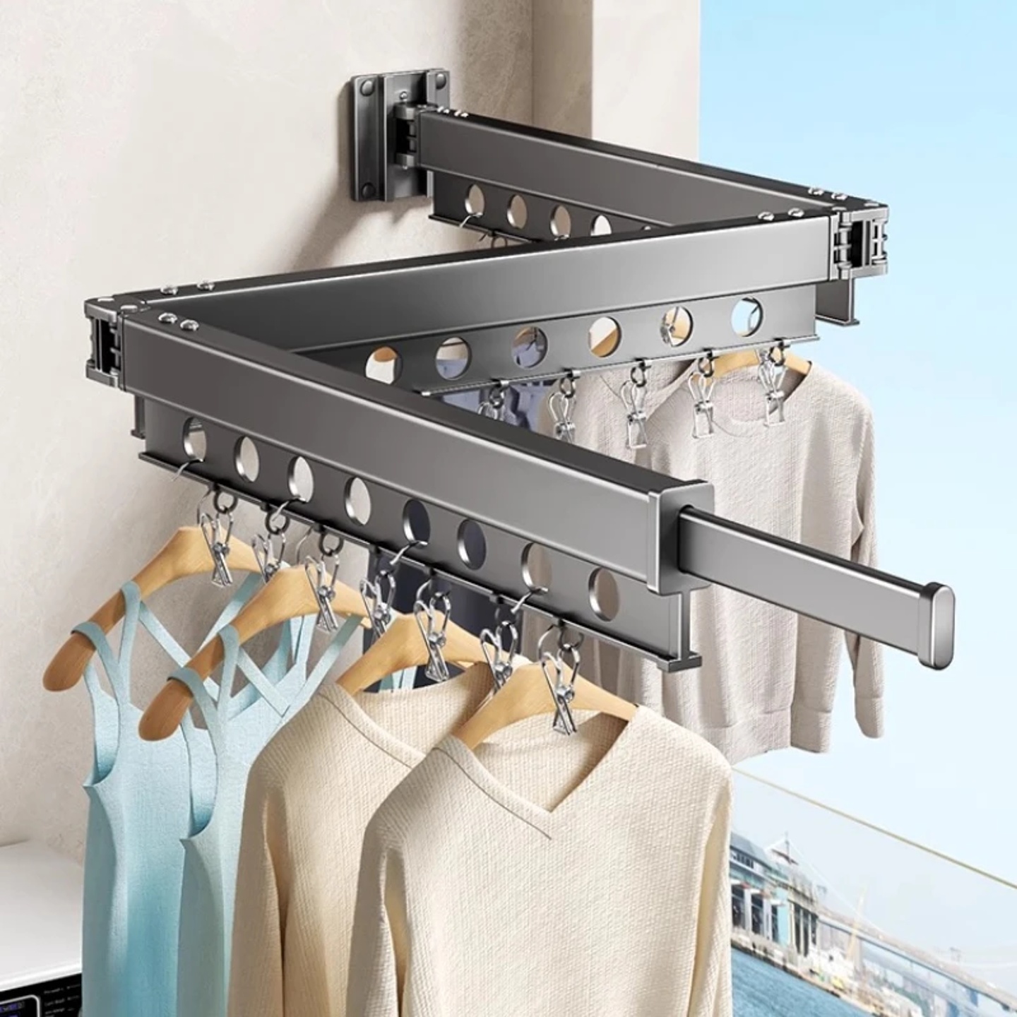 Z-Shape Folding Clothes Hanger Indoor Retractable Cloth Dry