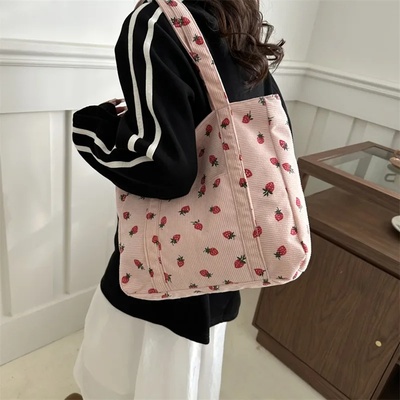 Corduroy Handbag Strawberries Beach Bag Fashionable Versati