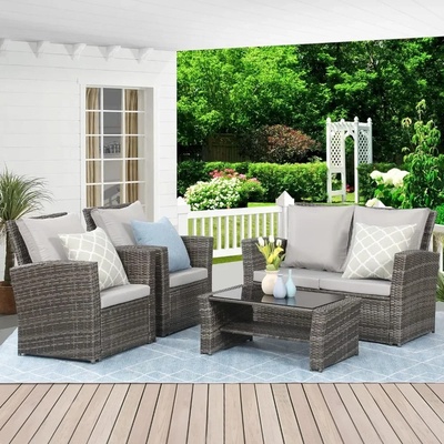 4 Piece Outdoor Patio Furniture Sets, Wicker Conversation S