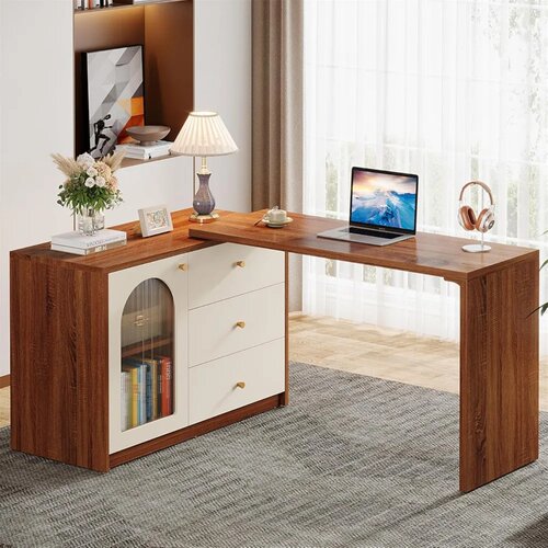 Shaped Computer Desk with Drawers, Modern Corner Home Office