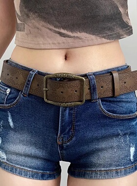 1pc Brown Floral Embossed Belt, Vintage American Y2K Style,