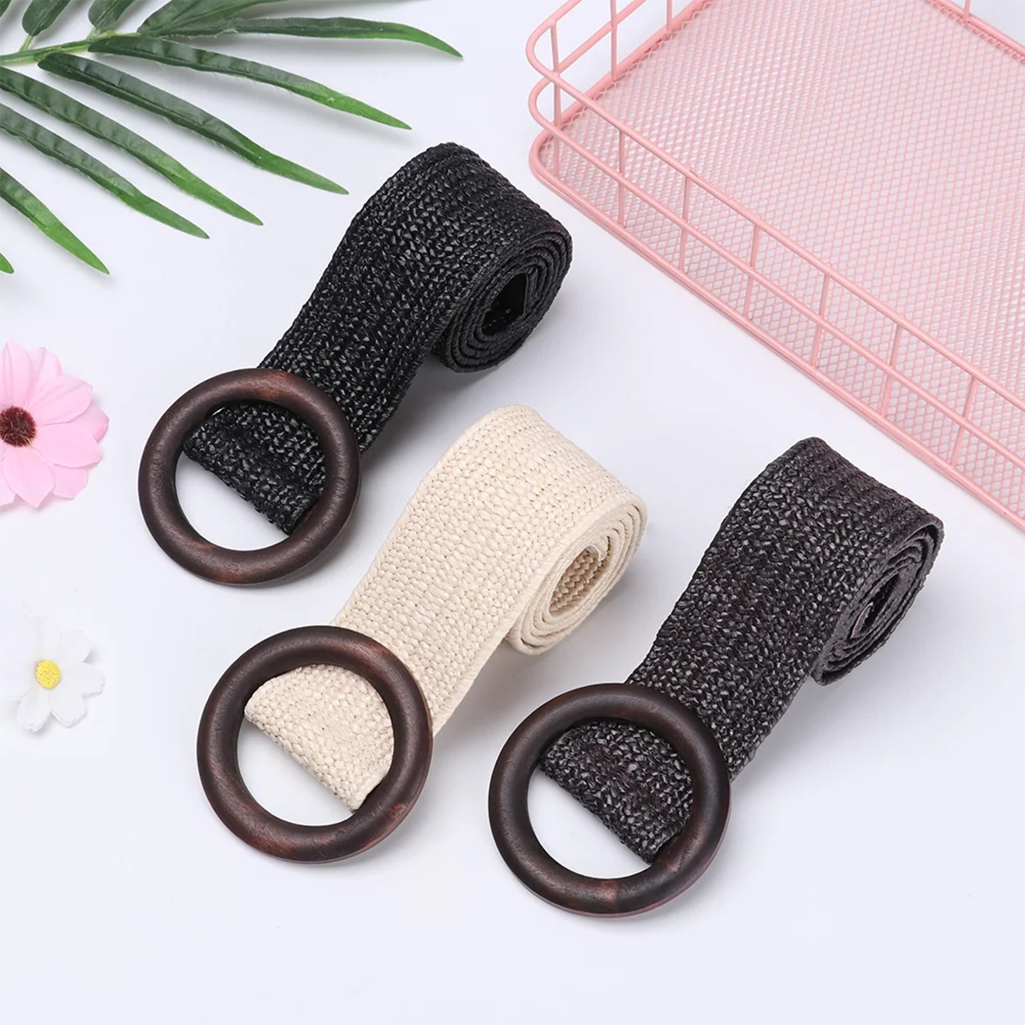 1PC Women Fashion Casual Straw Belt Round Wooden Buckle Ela