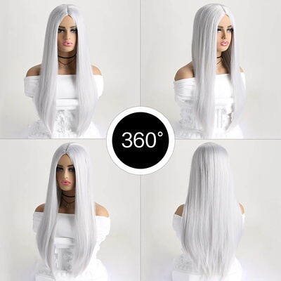 26 Inch Long Straight  Wig Mid  Bangs Women Black Ombre Hea