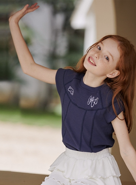 mpeng福利款女童夏季刺绣棉纯色短袖T恤美式复古鱼骨插肩t恤