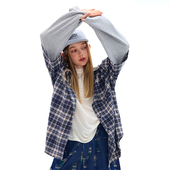 复古休闲宽松上衣外套 美式 mpeng纯棉假两件拼接长袖 蓝色格子衬衫