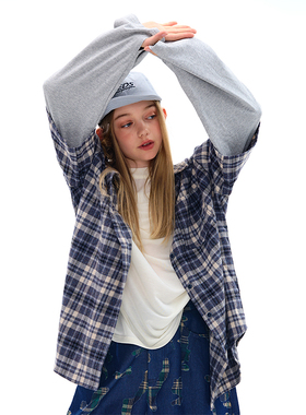 mpeng纯棉假两件拼接长袖蓝色格子衬衫美式复古休闲宽松上衣外套