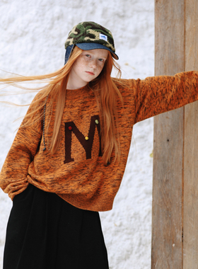 mpeng女童冬季南瓜色套头圆领厚款毛衣mm豆可爱图案宽松休闲上衣