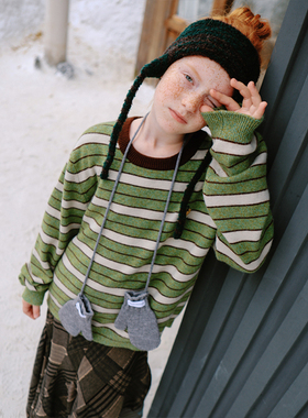 mpeng女童双色条纹毛衣美式复古套头圆领宽松休闲上衣