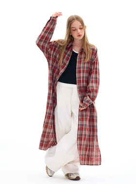 mpeng大童春秋小个子双纱纯棉长款衬衫美式复古红格子街头百搭