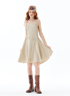 mpeng棉麻手工编织吊带连衣裙不规则大裙摆显瘦裙