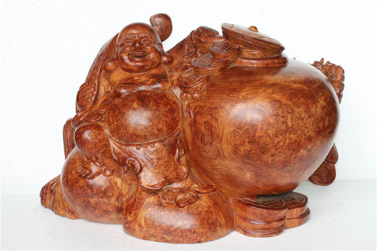 缅甸花梨木芝麻瘿瘤弥勒佛像聚宝瓶红木工艺品木雕