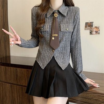 法式翻领领带针织衫2026新款设计不规则修身显瘦上衣长袖打底衫女